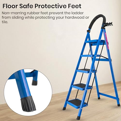 Image of Casa Copenhagen Blue 5 Step Ladder for Home Use with Built-in Tool Tray | Heavy Duty D Shape Rods | Ultra Large Platform | Wide Rubber Feet | 150Kg Capacity Foldable Ladder - 7 Years Warranty