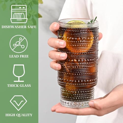 Image of KHOLAD Vintage Drinking Glasses Tumbler Set Of 1 With Bamboo Lids And Straws, Clear Fluted Textured Old Fashion Embossed Glass Sipper Iced Coffee Cups For Beer, Cocktail, Beverage (Embosse), 400Ml