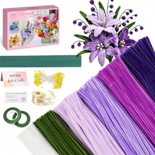 AHAMETON 620Pcs Purple Pipe Cleaners Flower Kit,Chenille Stems Craft
