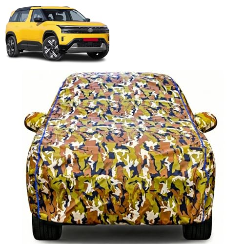 Image of Waterproof Car Body Cover for TATA Sierra with Mirror Pocket| Cotton Inner Lining | Triple Stitched | All Weather Protection | Dust, UV & Rain Proof (Camouflage with Blue Piping)