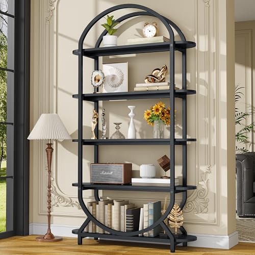 Image of Jehiatek Arched Bookshelf Bookcase, 71 Inches Tall Industrial Book Shelf with Sturdy Metal Frame, E1 Quality Boards, Freestanding Display Shelving Unit, Black