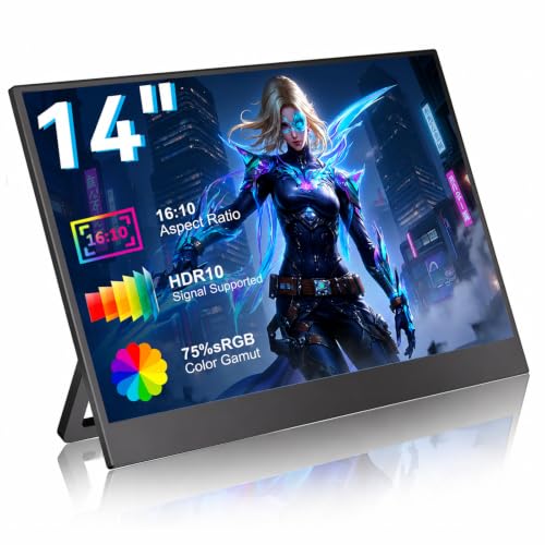 Image of Portable Monitor, 14-inch, 1920x1200P, Ideal for Travel | Built-in dual speakers | Compatible with laptop and desktop gaming, plug-and-play | Lightweight and compact | Easy to carry
