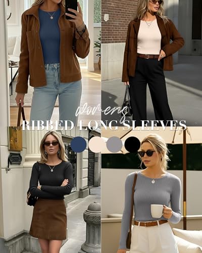 4 Pack Women's Long Sleeve Shirts, Crew Neck Ribbed Stretch Tees Slim Fit Fall Knit Tops Casual Basic Undershirts - Image 4