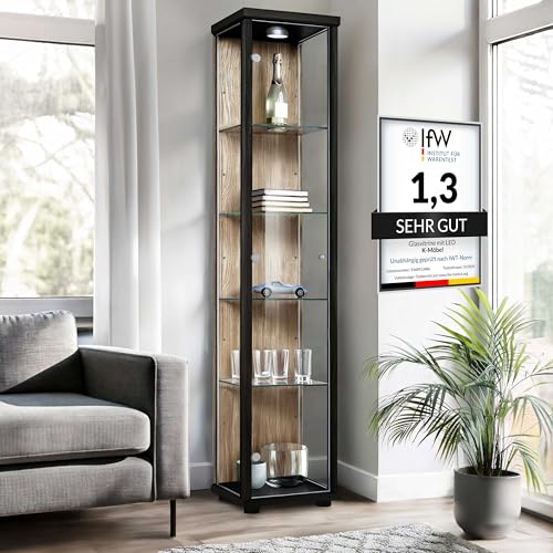 K-Möbel Glasvitrine Stehend (176x37x33cm) - Made in Germany - Vitrinenschrank Schwarz/Sonoma Eiche mit 4 höhenverstellbaren Glasböden & LED - Vitrine Glas stehend - Glasschrank - Cabinet