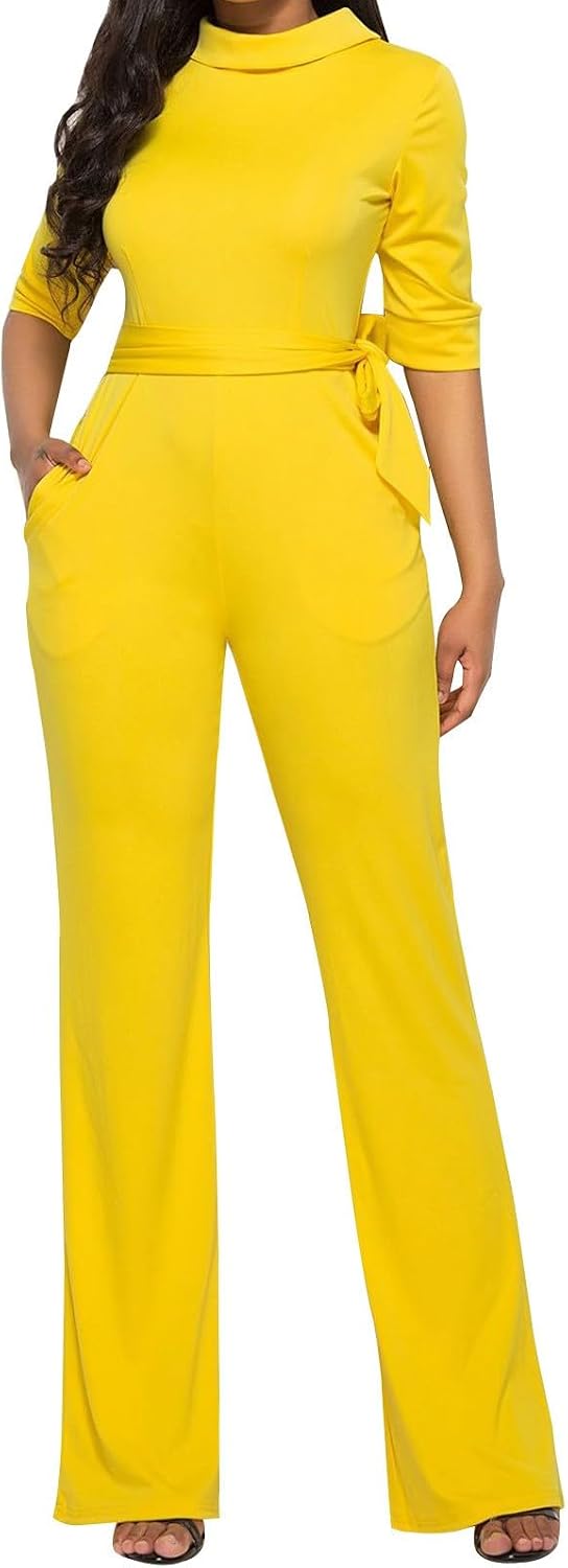 HGps8w Mock Neck Jumpsuits for Women Dressy Casual Straight Long Pants Rompers Elegant One Piece Business Office Outfits