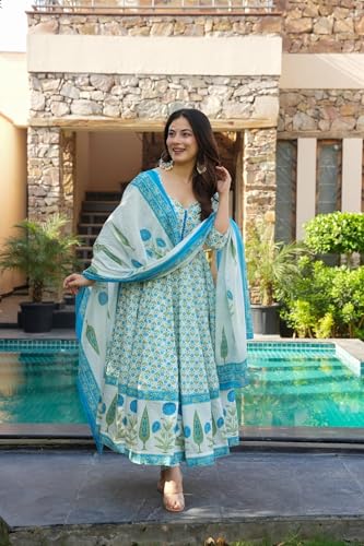 Image of GoSriKi Women's Rayon Viscose Printed Anarkali Kurta with Pant & Dupatta | Anarkali Suit for Women | Pure Cotton Suit Set for Women | Block Print Kurta Palazzo Dupatta Set