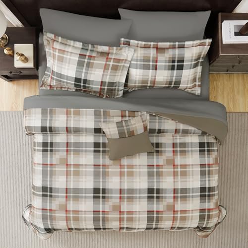Image of MaiReve Plaid Queen Comforter Sets Khaki, Classic Farmhouse Bedding Set Bed in A Bag 7 Pieces, Lightweight All Season Comforter Set with Fitted & Flat Sheet, Pillowcases & Shams