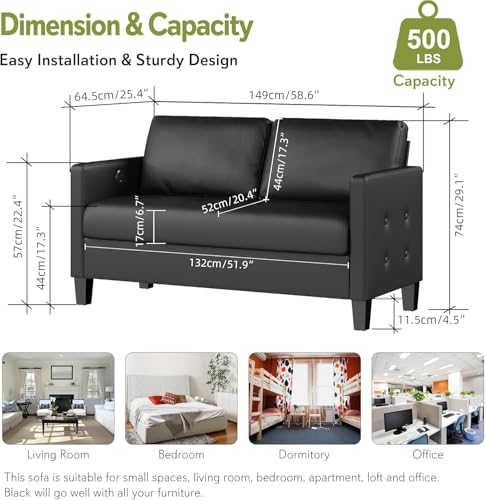Image of STHOUYN 59 inch Black Faux Leather Sofa Couch, Small 2 Seater Loveseat | STHOUYN, Modern, Comfy, Tufted Armrest, USB Charger, Living Room, Apartment, Bedroom