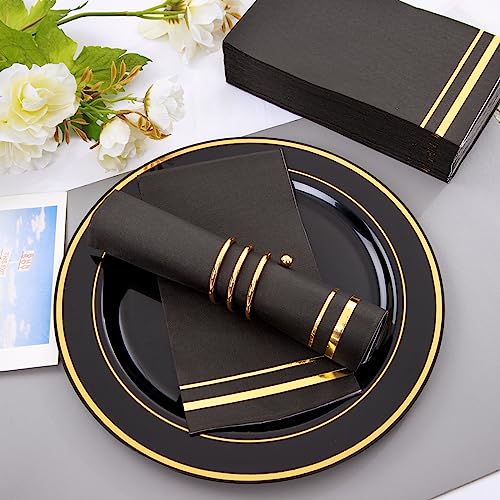 image for BUCLA 100-Count 3-Ply Black and Gold Napkins - Black Paper Dinner Napk