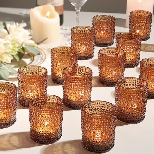 24pcs Amber Votive Candle Holders for Table, 2x2.5in Vintage Glas...