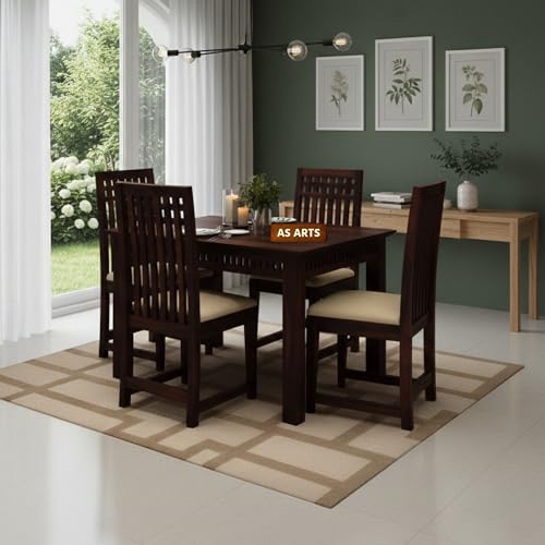 Image of AS Arts Wooden Dining Table Set of 4 with Cushioned Chairs | Sheesham Wood Four Seater Dining Table for Restaurant | Dining Room Set (Walnut Finish)