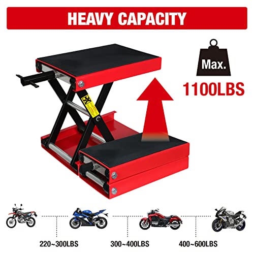 Image of Big RED ATRM01101R Torin Portable Steel Motorcycle Lift Scissor Jack: Wide Deck Hoist Stand for ATV, UTV Snowmobile Maintenance, Capacity 1100lb, 1100LBS