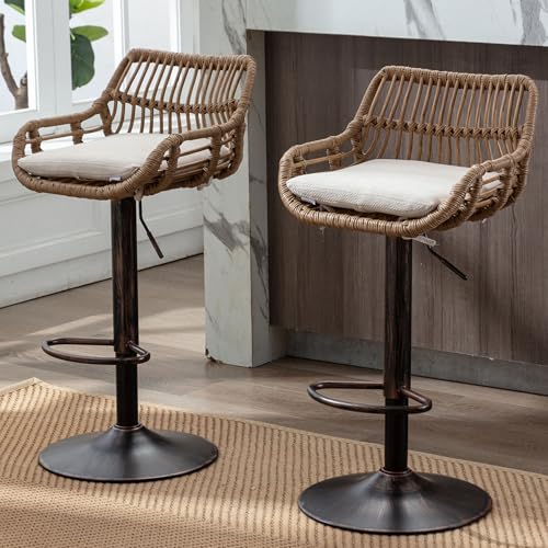 HRVEOCEI Adjustable Rattan Bar Stools Set of 2 with Cushion, Boho Bar Stools with Footrest, Wicker Barstools Counter Height with Backs, High Chair for Kitchen Island, Bistros, Metal Base (Beige)