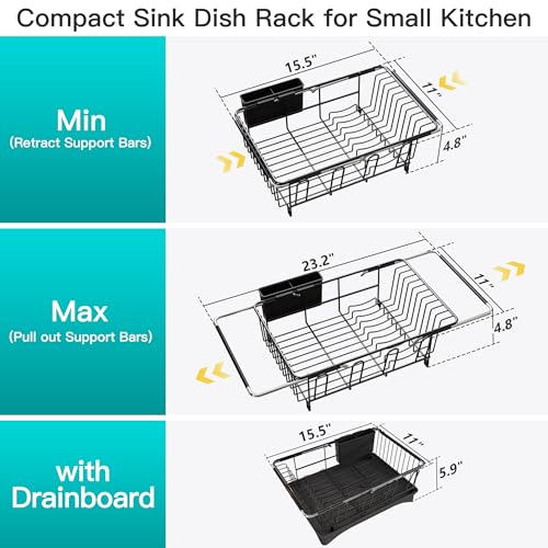 Image of JASIWAY Black Dish Drying Rack in Sink with Drainboard and Utensil Holder