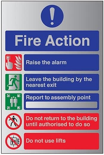 Safety Sign Sticker | 5 Point Fire Action Notice Do Not Use Lifts - Aluminium Effect Signage Sticker, Waterproof Sticker