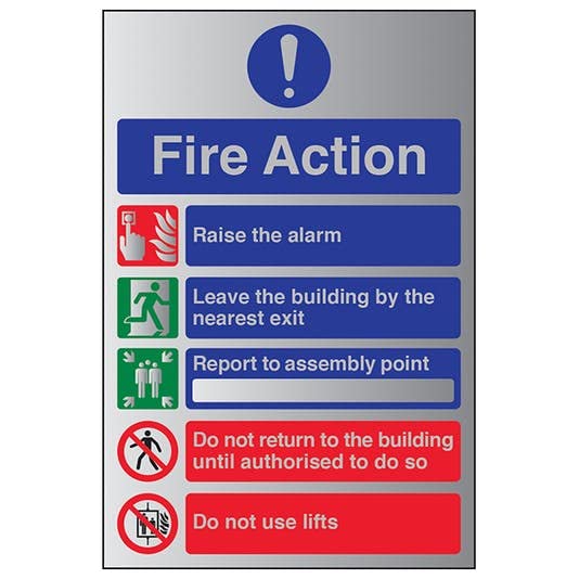 Safety Sign Sticker | 5 Point Fire Action Notice Do Not Use Lifts - Aluminium Effect Signage Sticker, Waterproof Sticker