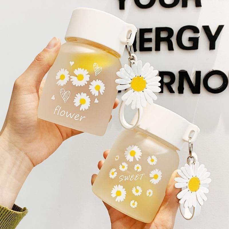 Image of Cute Flower Glass Water Bottle with Lid & Daisy Keychain | Frosted Aesthetic Reusable Milk Juice Coffee Tumbler | Leak Proof Eco-Friendly Travel Cup for Girls & Women - 300ml (2 Pcs)