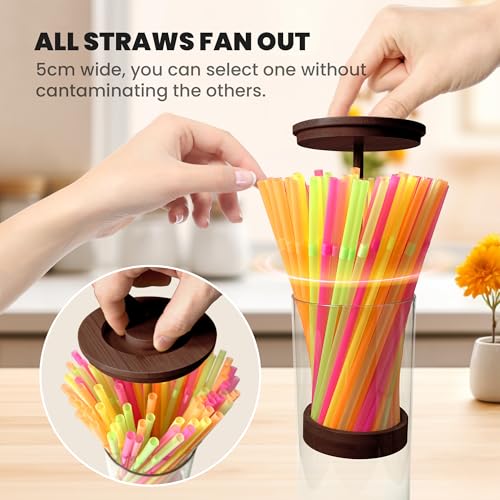 Straw Holder Dispenser for Counter,12-Inch Drinking Straw Dispenser with 100 Straws,Acrylic Straws Organizer with Bamboo Lid,Transparent Straw Storage Container for Kitchen,Pencils and Silverware