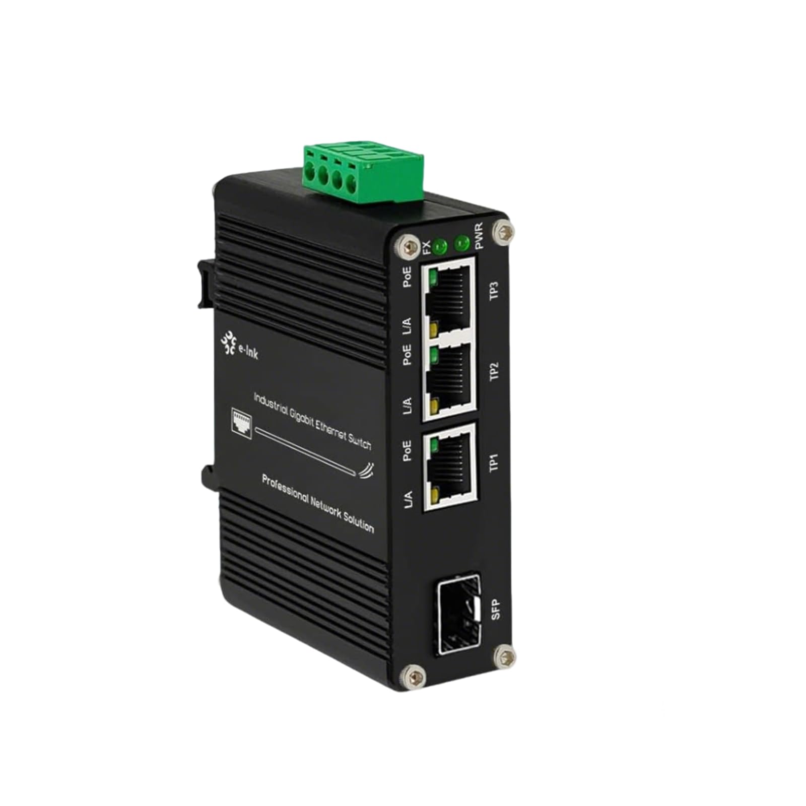 Switch industriale a 3 porte Gigabit PoE+ con slot SFP 12-48VDC Ingresso ad ampia tensione DIN e montaggio a parete da -40°C a 75°C RJ45 temprato 10/100/1000Mbps 802.3at 30W/Port Ethernet Switch