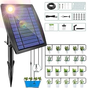 12 Timer Modes Solar Drip Irrigation System – Auto Drip Irrigation Kits with Anti-Siphon Supports 20-30 Pots, Solar Powered Garden Watering System for Indoor & Outdoor Plants, 3W, 65.6 FT