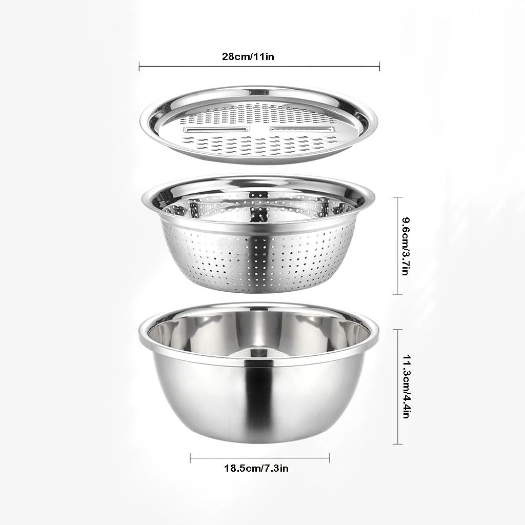 3-in-1 Sieb, Edelstahl Nudelsieb Küchensieb mit Griffen, Metall Mikroperforiertes Abtropfsieb Seiher für Nudeln, Reis, Gemüse, Früchten, Spülmaschinenfest(Size:26CM,Color:Silber)
