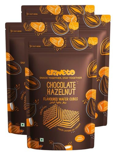 Image of Craveto Chocolate Hazelnut Wafer Biscuit Cubes, Pack of 4 | 300g (4 x 100g Packs) | Wafer Layered with Chocolate & Hazelnut Cream | Bite Sized Chocolatey Snacks