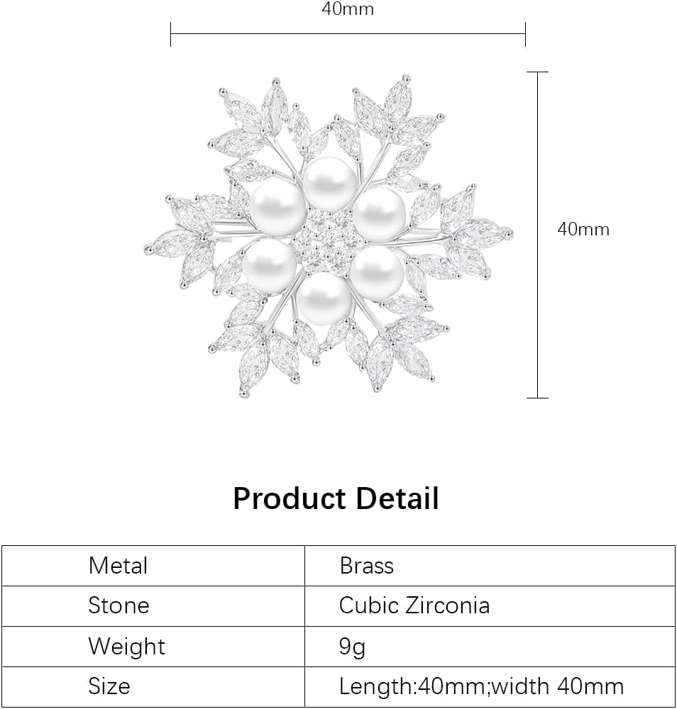 White Imitation Pearl Snowflake Brooch Dainty Sparkling Cubic Zirconia Brooch Pins for Women Fashion Jewelry Gift