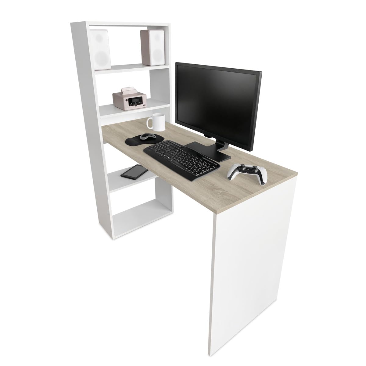 Mattfy - Mesa de Escritorio Multifuncional con Estantería Integrada, Acabado en Blanco - Cambria, Ideal para Espacios de Trabajo y Estudio, Medidas: 122 cm (Ancho) x 53,2 cm (Fondo) x 140 cm (Alto)