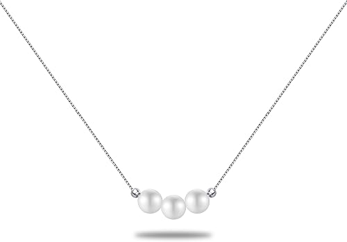 Dainty Pearl Sterling Silver Choker Necklace for Women, Best Friend Necklace With 3 White Pearls, April Birthstone Necklace