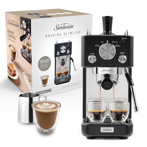 34% off - Sunbeam Origins Slimline Espresso Machine | Compact 160mm wide Coffee Machine, 58mm Commercial Size Group Head, Preset Single Or Double Espresso Shot, One-Button Cleaning, Black EMM4500BK