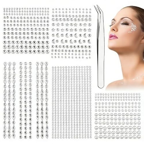 GILWUMO 1066 Pietre Lucenti Autoadesive, Strass Autoadesivo, Pietre Decorative Argentate, con Pinzetta, per Trucco da Festa, Decorazione per Unghie, Artigianato e Lavoretti per Bambini, Argento