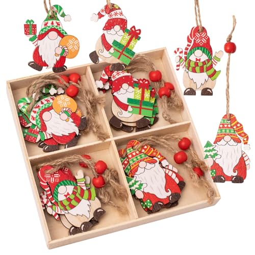 ZYDYRX 12 Piezas Adornos Navidad Colgante Madera Papá Noel Adornos del árbol Navidad Conjunto Adornos del árbol de Navidad Colgante Navidad Madera 4 Patrones Diferentes C