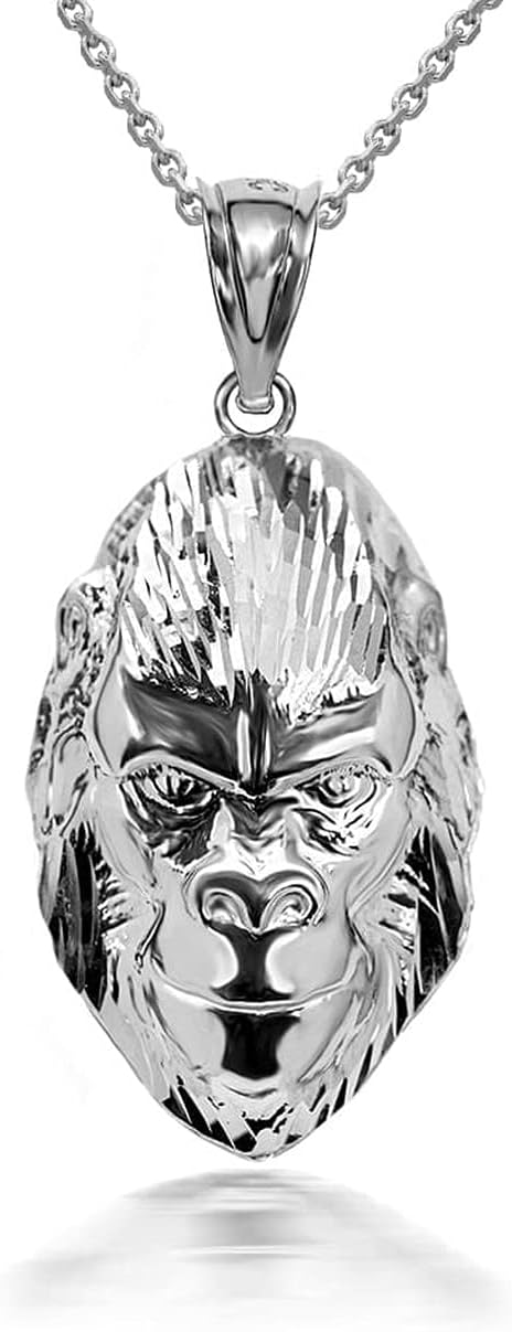 Claddagh Gold Bold 925 Sterling Silver Orangutan Ape Gorilla Head Face Pendant Necklace