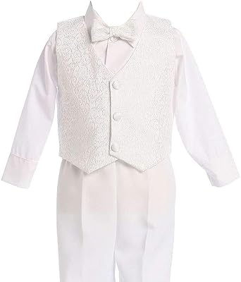 4 Piece White Boys Embroidered Jacquard Christening Baptism or Wedding Vest Set