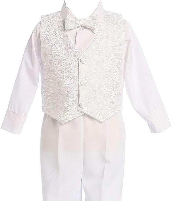 4 Piece White Boys Embroidered Jacquard Christening Baptism or Wedding Vest Set