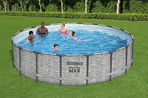 Bestway Steel Pro Max 18’ X 48” Round Above Ground Pool Set | Frame Swmiming Pool Features Realistic Stone Print Liner | Includes 1500Gal Filter Pump, 48" Ladder And 18' Pool Cover #TOP2