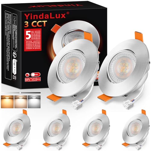YindaLux LED Einbaustrahler 230V Dimmbar 5W IP44 Flach LED Spots 68-80mm Lochmaß Deckenspots 3000K/4000K/6000K Spots Deckenleuchte 45°Schwenkbar Einbauleuchten für Badezimmer Küche Nickel 6er Set