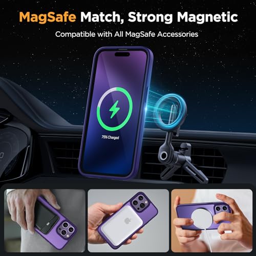 Image of Miracase Magnetic for iPhone 15 Pro Case 6.1 inch (Compatible with MagSafe)(with 2X Screen Protectors) Military-Grade Protection, Anti-Fingerprint Translucent Matte Phone Cover, Dark Purple