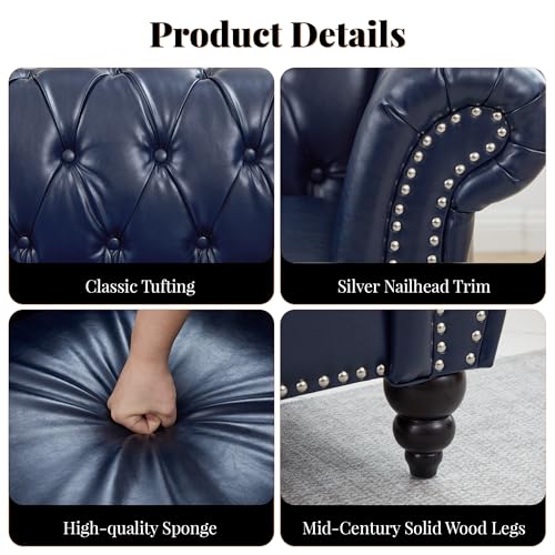 Image of LEVNARY Chesterfield Sofa, 3 Seater Tufted Couch for Living Room, Classic Button Tufted Upholstered Sofa, Modern Mid-Century PU Leather Sofa (Blue)