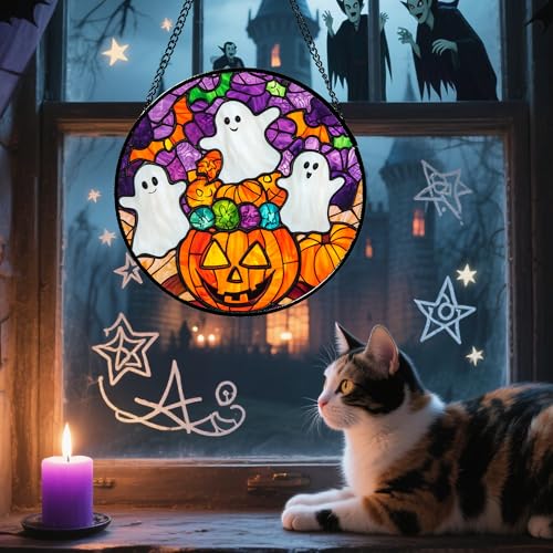 Image of Stained Glass Window Hanging Halloween Horror Pumpkin White Ghost 11.8 inch - Suncatcher Door Garden Sunroom Gothic Style Sun Catcher Birthday for Friend Mom Men Woman Nana