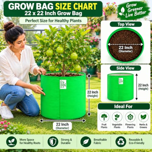 Image of Grow Bag UV Protected 260 GSM | HDPE Grow Bags for Plants | Heavy Duty Green Garden Plant Grow Bag with Drainage Holes | Reusable Vegetable Grow Bag for Terrace Gardening (2, 22X22)