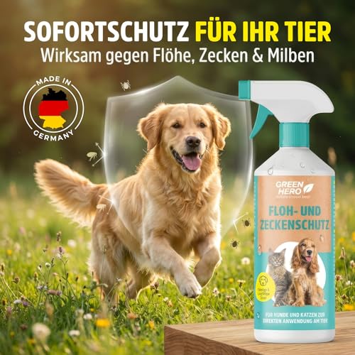 Floh- und Zeckenschutz 500 ml das Zeckenspray und Flohmittel für Hunde und Katzen, effektives Flohspray für die direkte Anwendung auf dem Tier bei akutem Befall oder zum Schutz