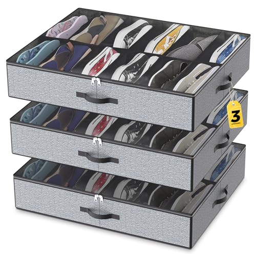 Organizador Zapatos - Zapatero Bajo Cama de Tela - Organizadores de Zapatos - Cajas para Zapato - Zapatero Tela - Organizador Zapato Armario o Debajo Cama - (3 Cajas/36 Compartimentos) - 74,5x60x15 cm