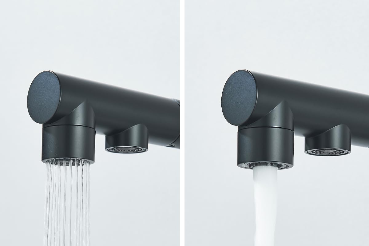 Rubinetto da cucina a 3 vie VENOM Pull-Out con doccetta estraibile, tubo separato per acqua potabile filtrata, beccuccio girevole a 360°, 2 tipi di getto, cartuccia in ceramica, corpo in ottone (nero)