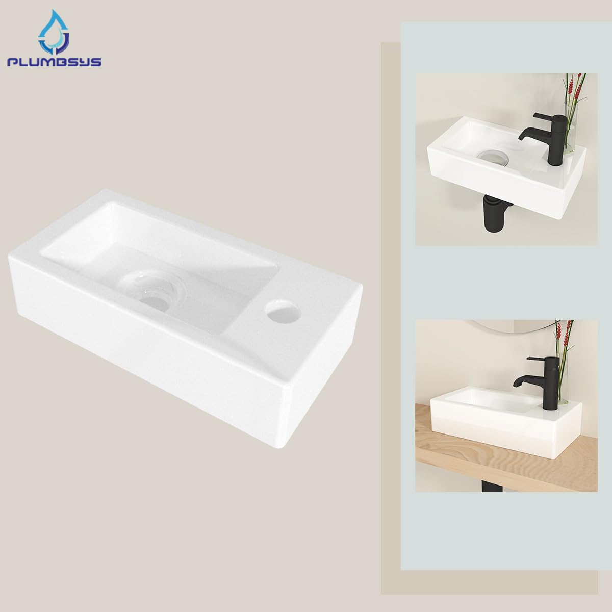 Lavabo Pequeño de Cerámica para Sobrepone o Suspender 36.5x18cm - Plato con Orificio para Grifo a la Derecha - Lavamanos Compacto para Baño, Aseo o Barco