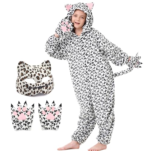 Ezuwail Disfraz Pantera de Nieve para Niños Pijama Leopardo Animal Mono de Guepardo Cosplay Carnaval Onesie para Niñas Niños (Blanco, 120)