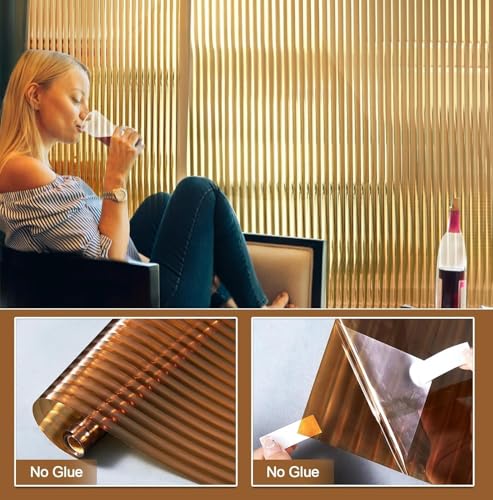 Image of WALLMATE Brown Fluted Frosted Decorative Window Film Heat Control Sun Blocking Peel and Stick Adhesive Door Stickers for Bathroom Home (Brown Fluted, 12x120 in)