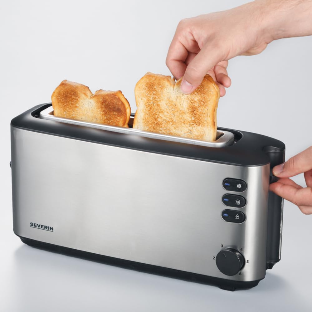 SEVERIN Automatik-Langschlitztoaster, Automatik-Toaster mit Brötchenaufsatz, aus Edelstahl, zum Toasten, Auftauen und Erwärmen, 1.000 W, Edelstahl-gebürstet/schwarz, AT 2515