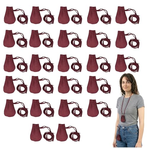 Image of Mythrojan Pack of 25 Small Trinket Pouches Suede Leather Drawstring Coin & Dice Bags for LARP, SCA, Viking & Medieval Events, Color : Wine Red