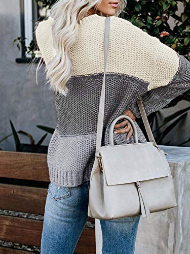 MEROKEETY Women's Crew Neck Long Sleeve Color Block Knit Sweater Casual Pullover Jumper Tops